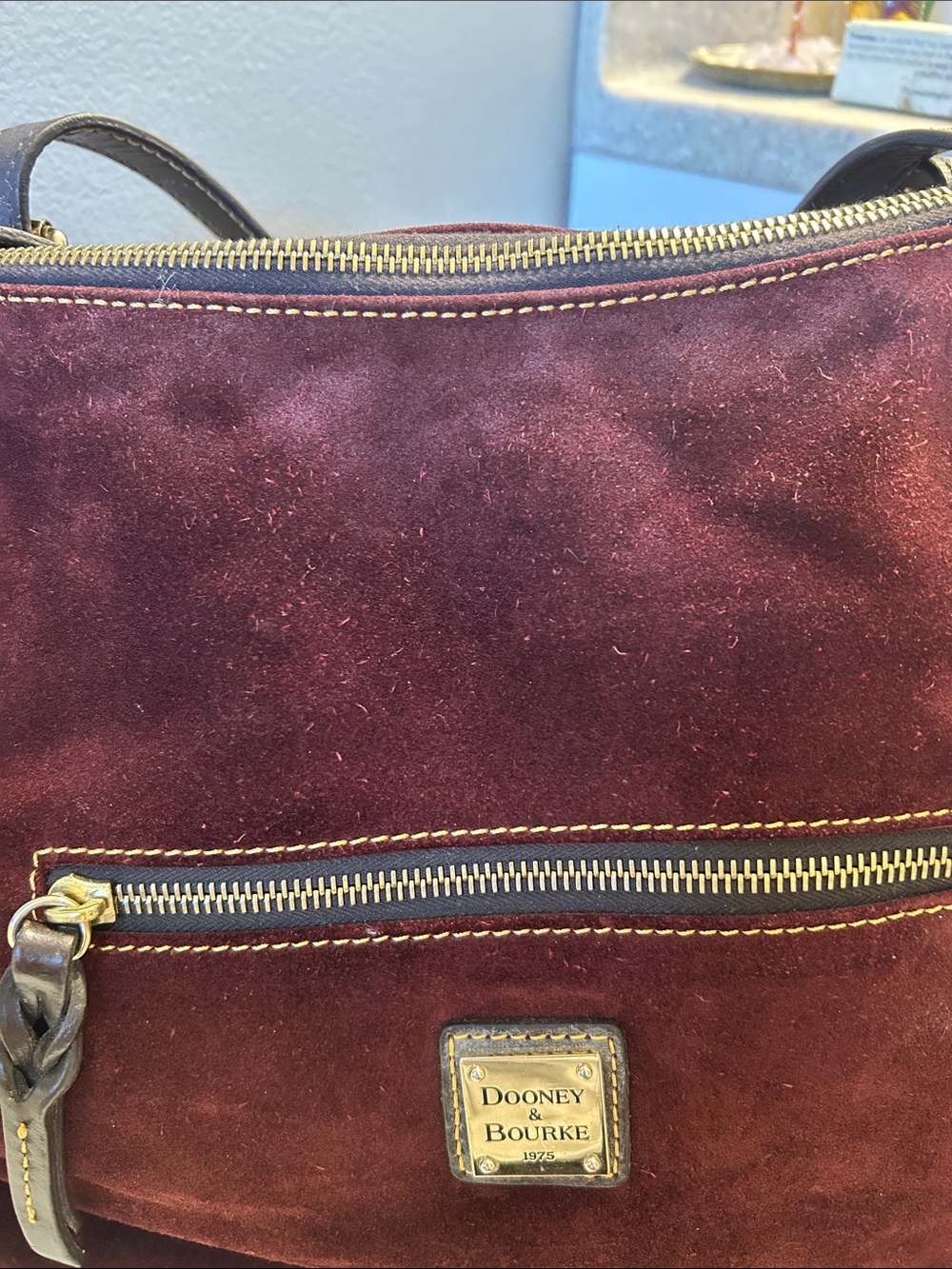 Dooney & Bourke Burgundy Suede Shoulder Bag with Dark Brown Trim - Picture 3 of 12